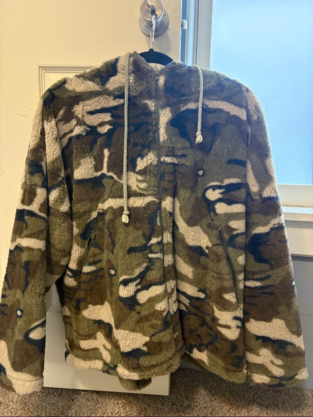 Davi & Dani Olive Green Faux Fur Jacket with Camouflage Accents